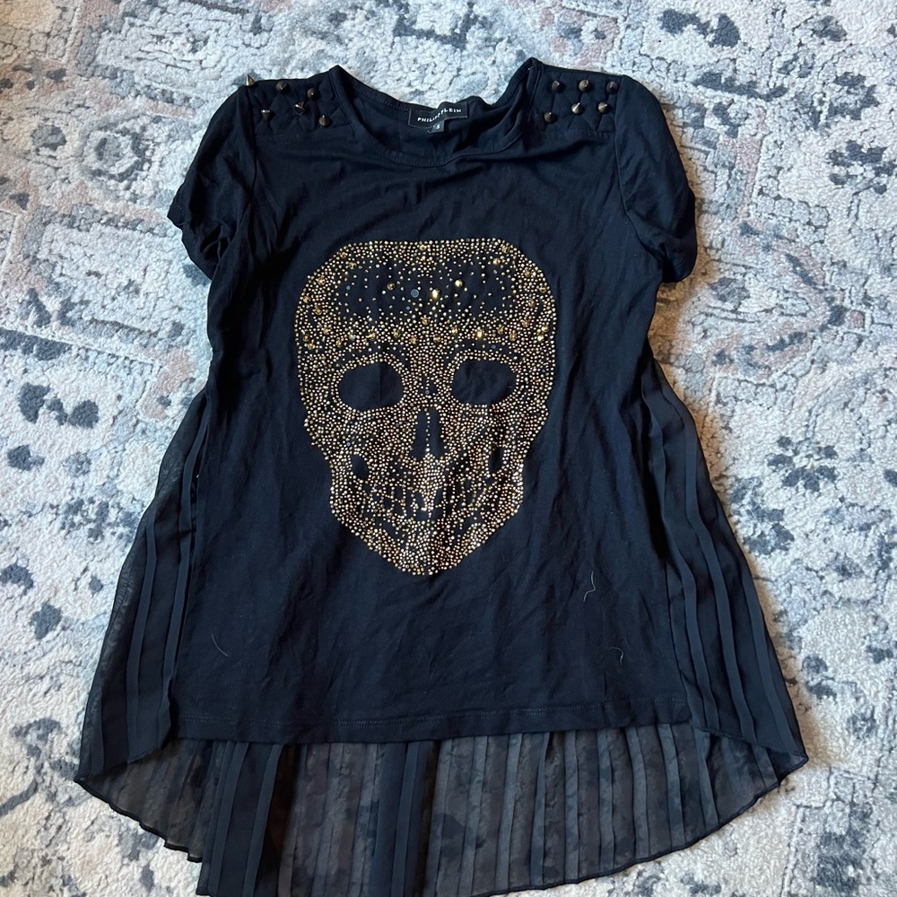 Philipp Plein Black Tee with Gold Skull Design